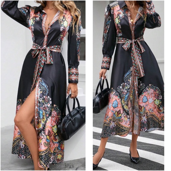 Luxe Satin Floral Print Button Down Belted Long Sleeve Dress - Picture 6 of 9